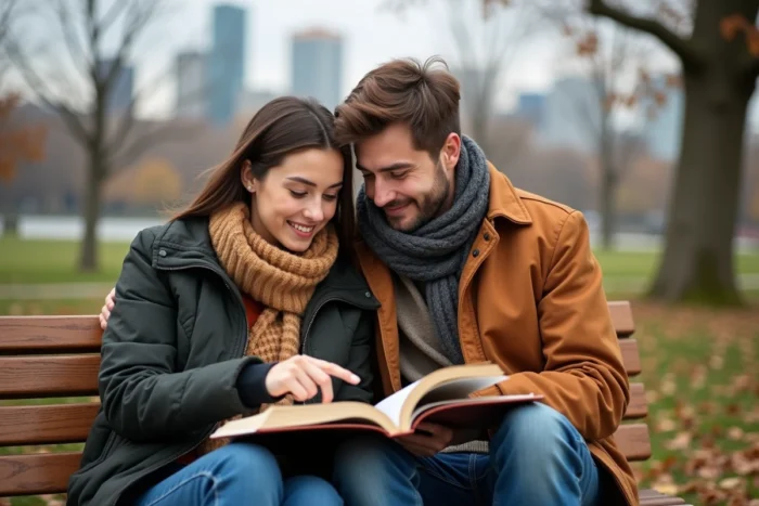 Couple assis sur un banc dans un parc en automne, consultant ensemble un guide de voyage ouvert sur leurs genoux pour préparer leur prochaine aventure