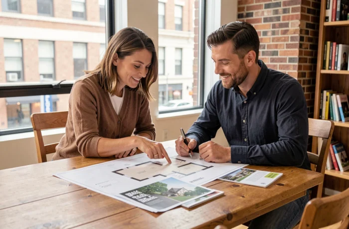 Couple examinant des plans immobiliers et des brochures de vente à domicile pour préparer leur projet d'achat