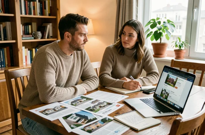Couple consultant des annonces immobilières et des brochures pour préparer un projet d'achat