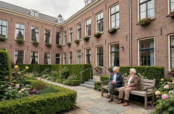 Cour extérieure verdoyante d'une maison de repos belge avec résidents assis sur des bancs en bois entourés de fleurs