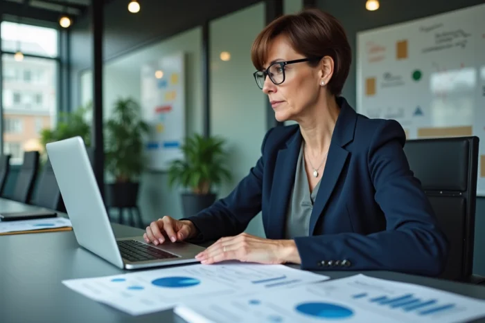 Membre du CSE analysant le budget annuel et les subventions salariales sur des documents imprimés et un ordinateur portable en salle de réunion