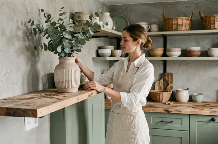 Femme arrangeant des plantes séchées dans une cuisine moderne aux meubles vert sauge et étagères ouvertes en bois