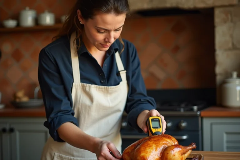 Femme vérifiant la cuisson d'un poulet rôti avec un thermomètre de cuisine dans une cuisine rustique française