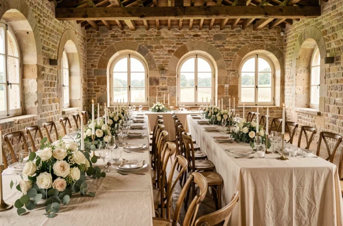 Salle de réception de mariage décorée avec élégance dans un château français avec tables fleuries et bougeoirs en laiton