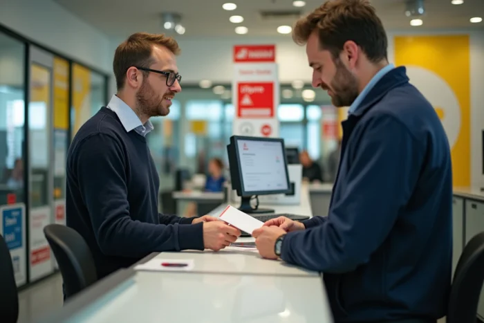 Homme déposant une enveloppe adressée à la CPAM de Nanterre 92 au comptoir d'un bureau de poste français