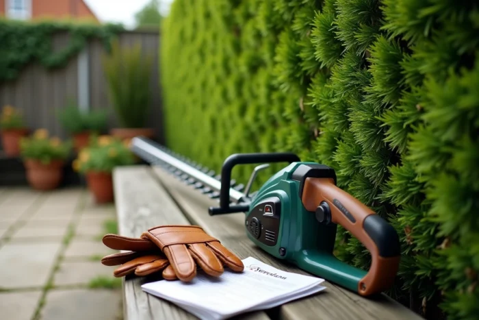 Détail d'un taille-haie télescopique posé contre une haie de lauriers avec des gants de jardinage sur un banc en bois