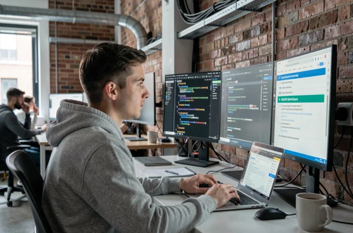 Développeur web consultant un site professionnel avec checklist de conformité légale sur plusieurs écrans