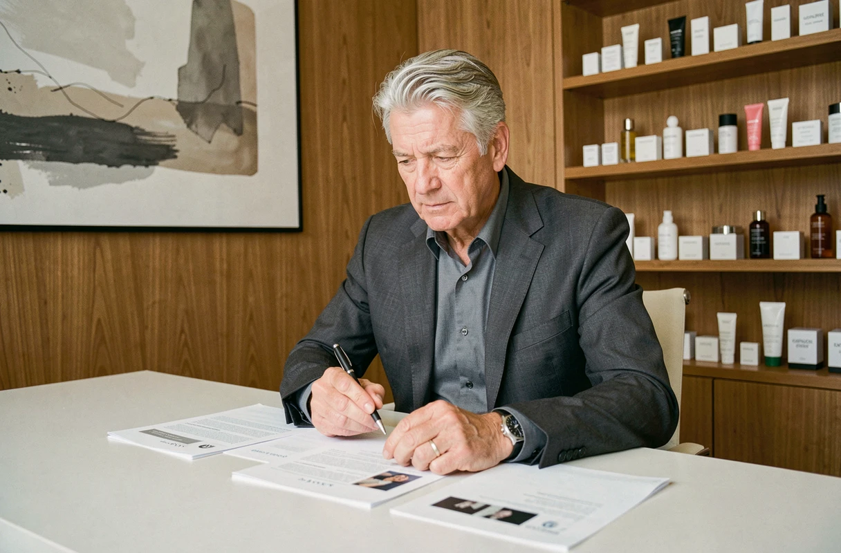 Cadre supérieur de l'industrie de la beauté assis à son bureau parisien minimaliste, examinant des documents dans un cadre professionnel élégant