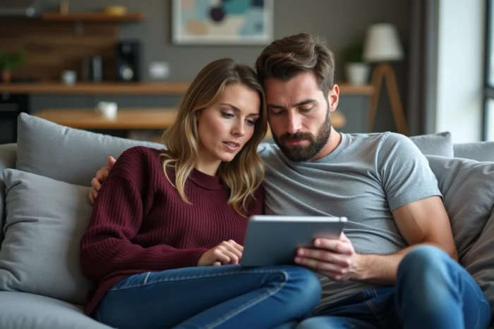 Deux adultes explorant ensemble une alternative sécurisée à coco.gg sur une tablette dans un salon moderne