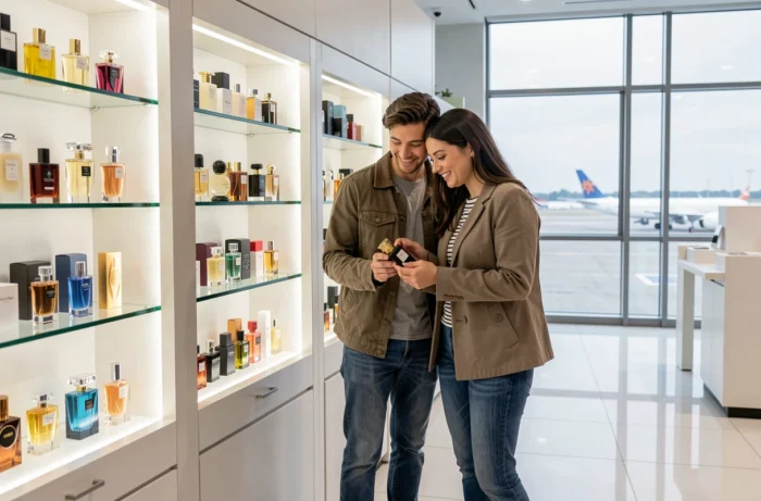 Couple comparant des parfums dans une boutique duty-free d'un aéroport espagnol