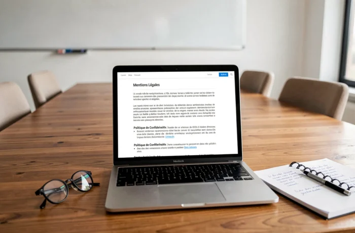 Écran d'ordinateur portable affichant une page de mentions légales sur un site professionnel posé sur une table de réunion