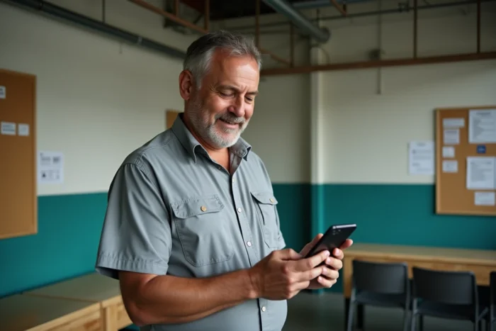Employé Cooperl consultant ses services en ligne sur smartphone dans la salle de pause de l'usine