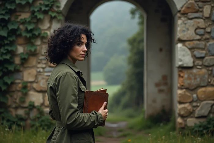 Journaliste tenant un carnet devant une ferme abandonnée en France lors d'une enquête paranormale