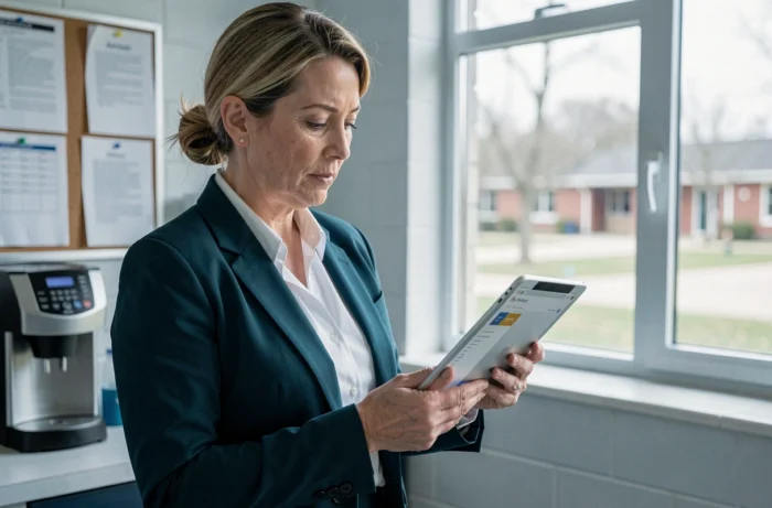 Enseignante consultant son webmail de l'académie de Versailles sur une tablette dans une salle des professeurs