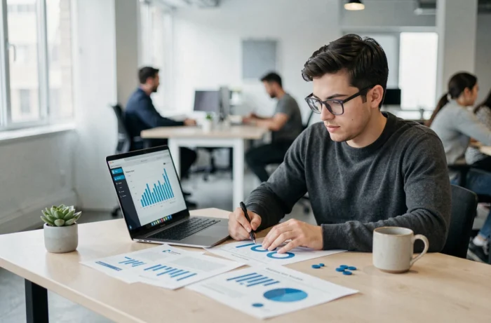 Entrepreneur analysant des données marketing et des rapports de croissance dans un espace de coworking