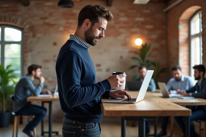 Entrepreneur masculin consultant un guide numérique pour structurer son business dans un espace de coworking