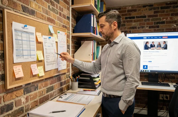 Entrepreneur masculin analysant un extrait du Répertoire Sirene affiché dans son espace de travail