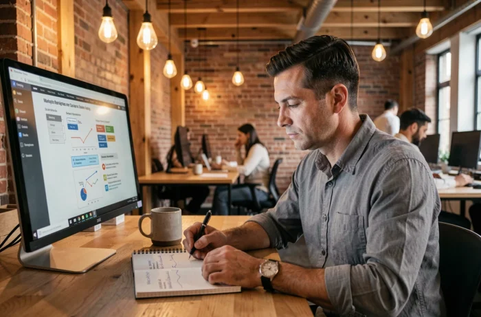 Entrepreneur concentré analysant une stratégie marketing 2024 sur ordinateur dans un espace de coworking