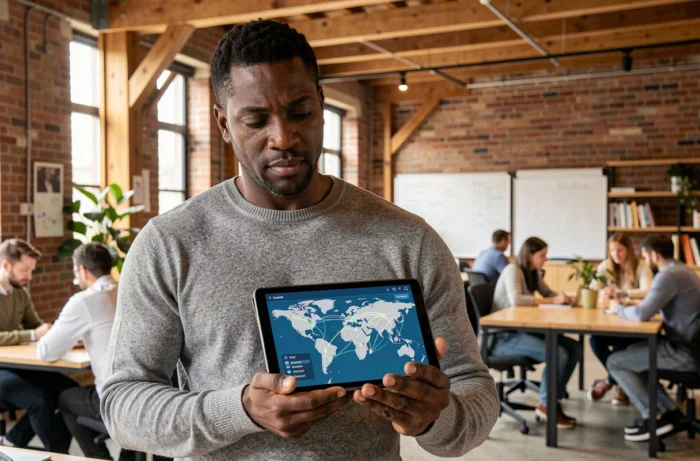 Entrepreneur tenant une tablette affichant une carte de chaîne d'approvisionnement mondiale dans un espace de coworking