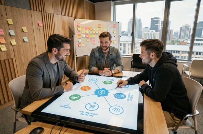 Équipe de professionnels collaborant sur une stratégie de cyber business autour d'une table tactile interactive