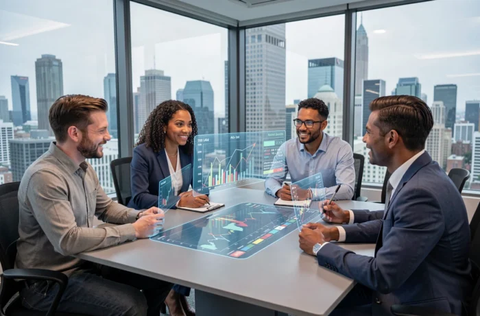 Équipe de professionnels collaborant autour d'une table interactive avec des graphiques économiques en projection numérique