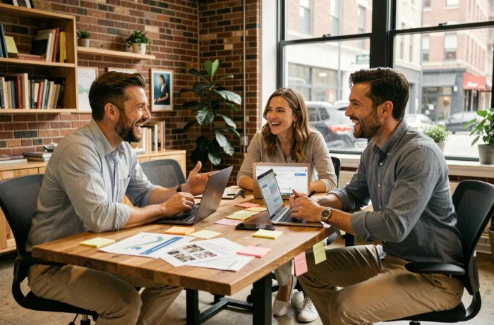 Équipe marketing collaborant autour d'une table avec plans de campagne et tableaux de bord numériques