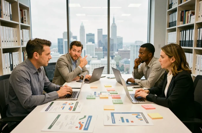 Équipe marketing diversifiée en réunion de brainstorming autour d'une table de conférence avec des plans de campagne