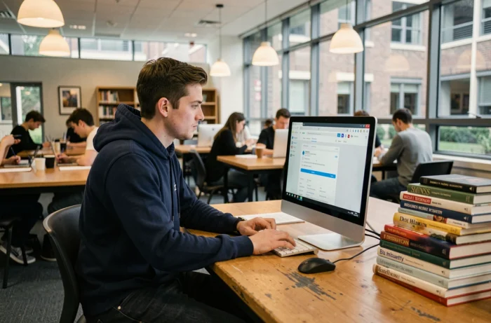 Étudiant accédant à sa messagerie académique Versailles sur un ordinateur en bibliothèque universitaire
