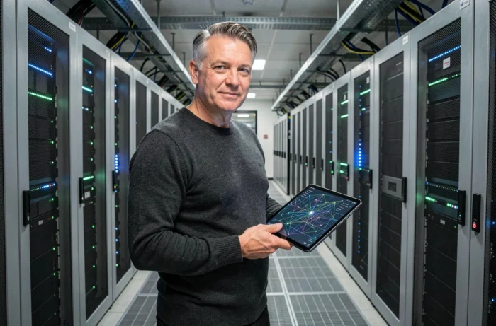 Expert en infrastructure numérique dans un centre de données tenant une tablette avec des cartes de menaces réseau