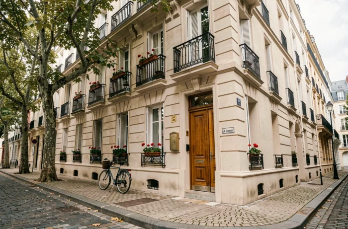 Façade d'immeuble parisien bien entretenu avec balcons fleuris et panneau de location visible