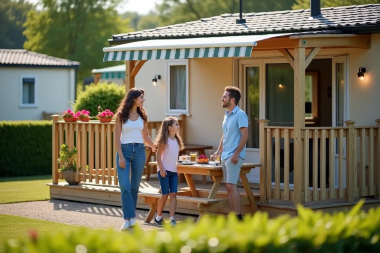 Famille heureuse devant leur mobil-home sur une parcelle PRL en Vendée avec terrasse en bois et espace extérieur aménagé