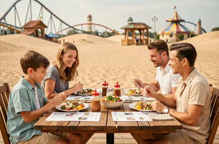 Famille attablée en terrasse d'un restaurant de La Mer de Sable avec repas et dunes en arrière-plan