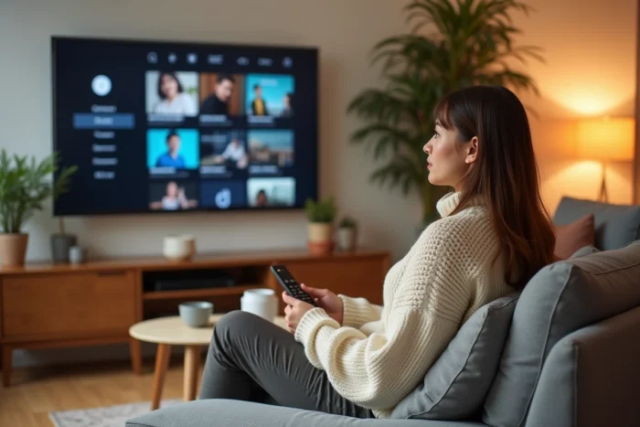 Jeune femme en pull confortable naviguant sur une interface de streaming Netflix depuis son canapé avec télécommande