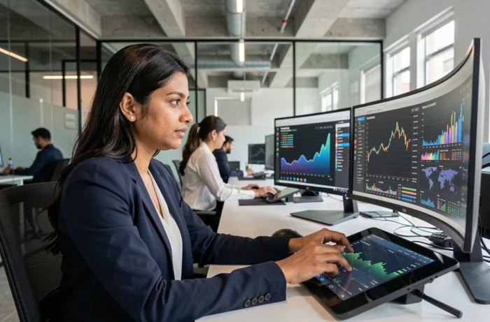 Femme cadre en entreprise technologique analysant des données économiques mondiales sur des écrans multiples