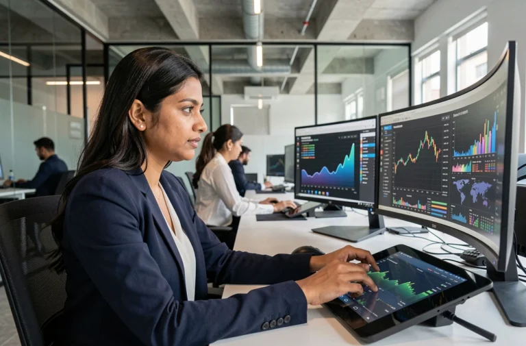 Femme cadre en entreprise technologique analysant des données économiques mondiales sur des écrans multiples