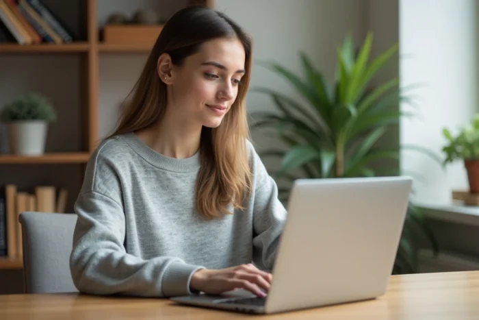 Jeune femme utilisant un ordinateur portable pour discuter en toute sécurité sur une alternative à coco.gg depuis son bureau à domicile