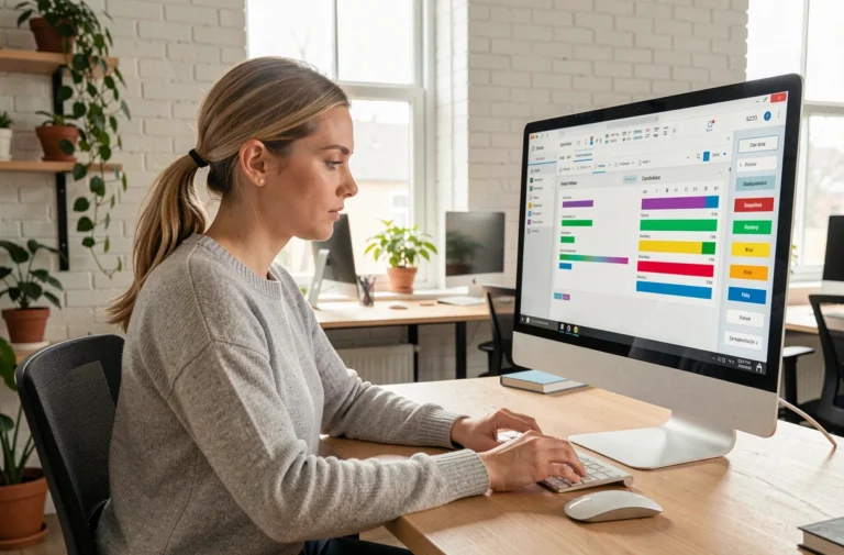 Femme professionnelle utilisant un compteur de caractères sur son écran d'ordinateur dans un bureau moderne