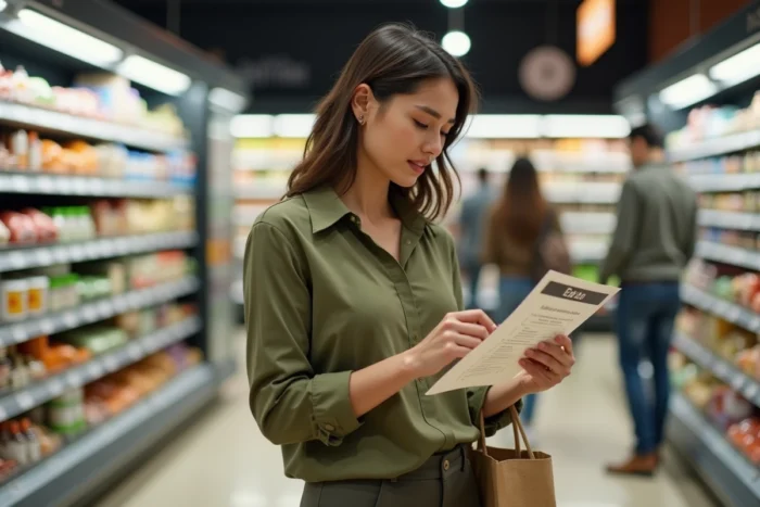 Femme consultant sa liste de menus de régime simplifiés dans un supermarché lors de ses courses hebdomadaires