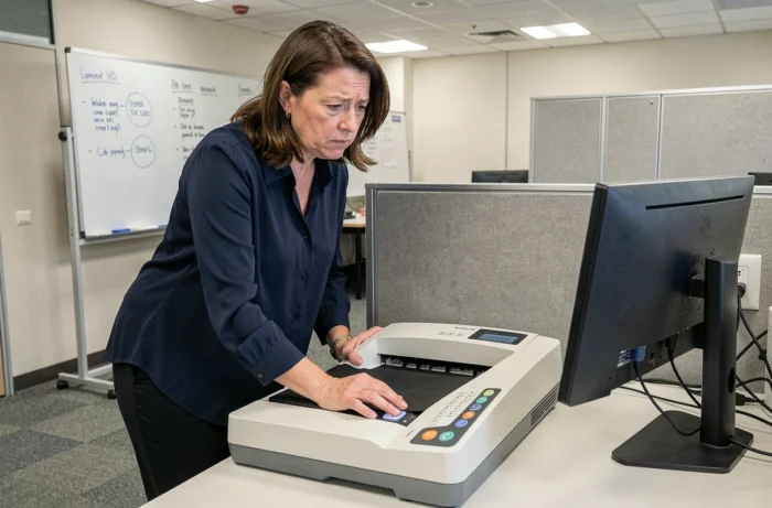 Femme dépannant un scanner de documents Epsilon dans un bureau professionnel