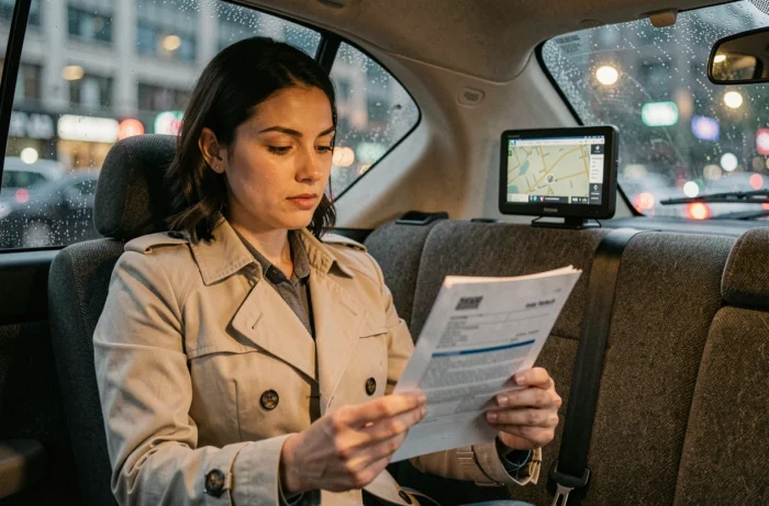 Femme en trench-coat consultant des documents d'assurance dans un taxi après une panne de voiture en ville
