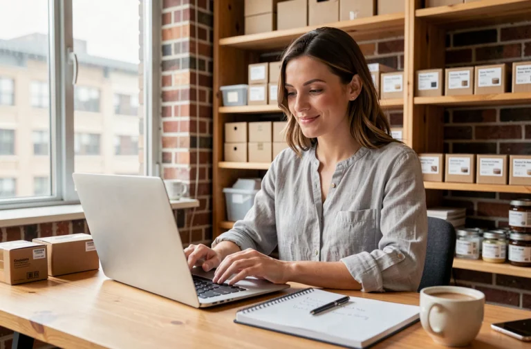 Femme entrepreneur gérant sa boutique en ligne depuis son bureau à domicile avec un ordinateur portable et des produits emballés