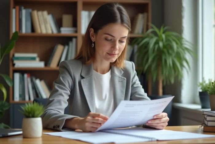 Femme entrepreneur consultant un guide gratuit étape par étape pour structurer son business à son bureau