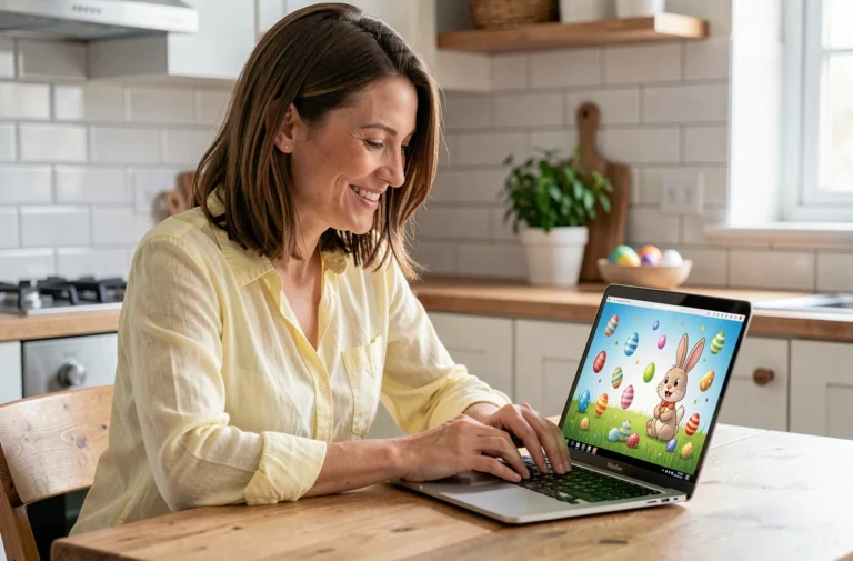 Femme souriante devant un ordinateur portable affichant un gif animé de Pâques coloré avec des œufs et un lapin cartoon