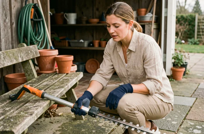 Femme inspectant de près la lame et le manche télescopique d'un taille-haie posé sur un banc de jardin en bois