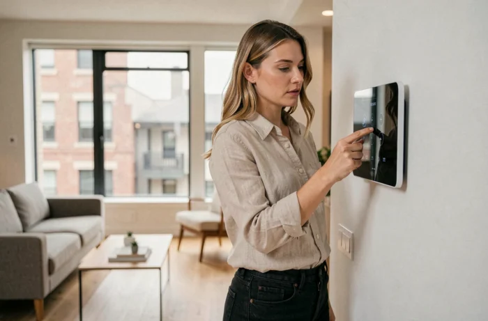 Femme interagissant avec un panneau de contrôle domotique dans un salon moderne et connecté