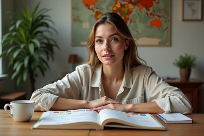 Femme consultant un guide de voyage posé sur un bureau en bois avec des notes manuscrites et un café, préparant un itinéraire de voyage