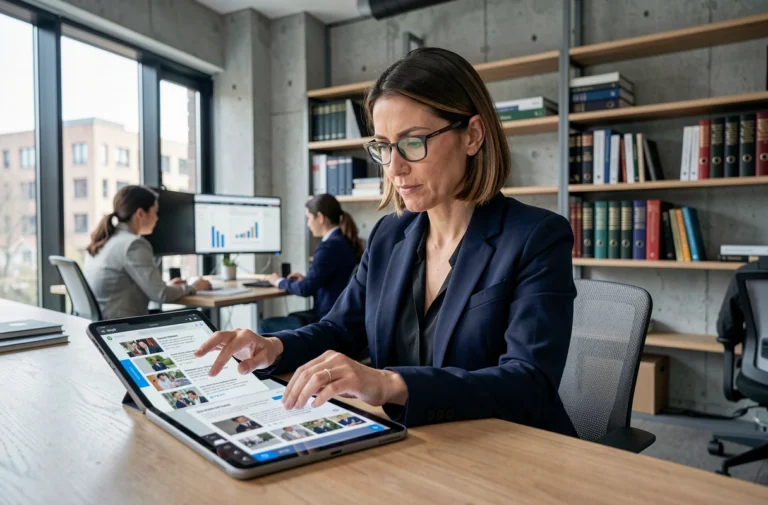 Femme professionnelle consultant les dernières actualités sur une tablette numérique dans un bureau moderne et lumineux