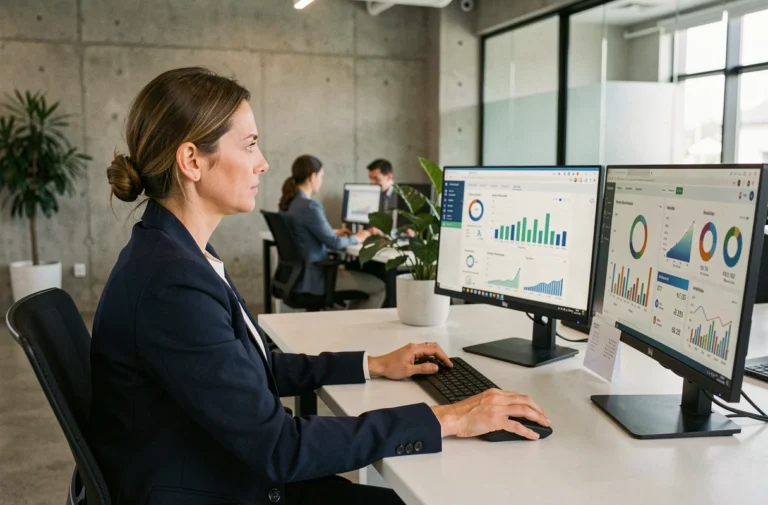 Femme professionnelle en blazer analysant des données de cybersécurité sur des écrans dans un bureau moderne