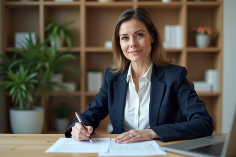 Femme professionnelle en blazer marine examinant un dossier de financement personnel dans un bureau moderne