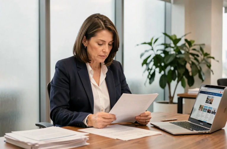 Femme professionnelle en blazer sombre examinant des documents légaux sur un bureau d'entreprise moderne